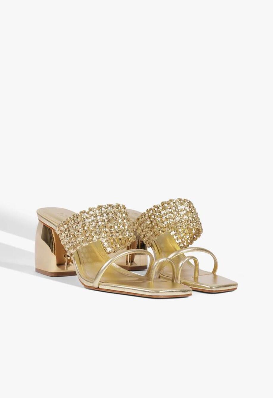Schutz Aberdeen Mid Block Heel Sandal Tira Metallic 7.5 NWT Elevated Glam Chic